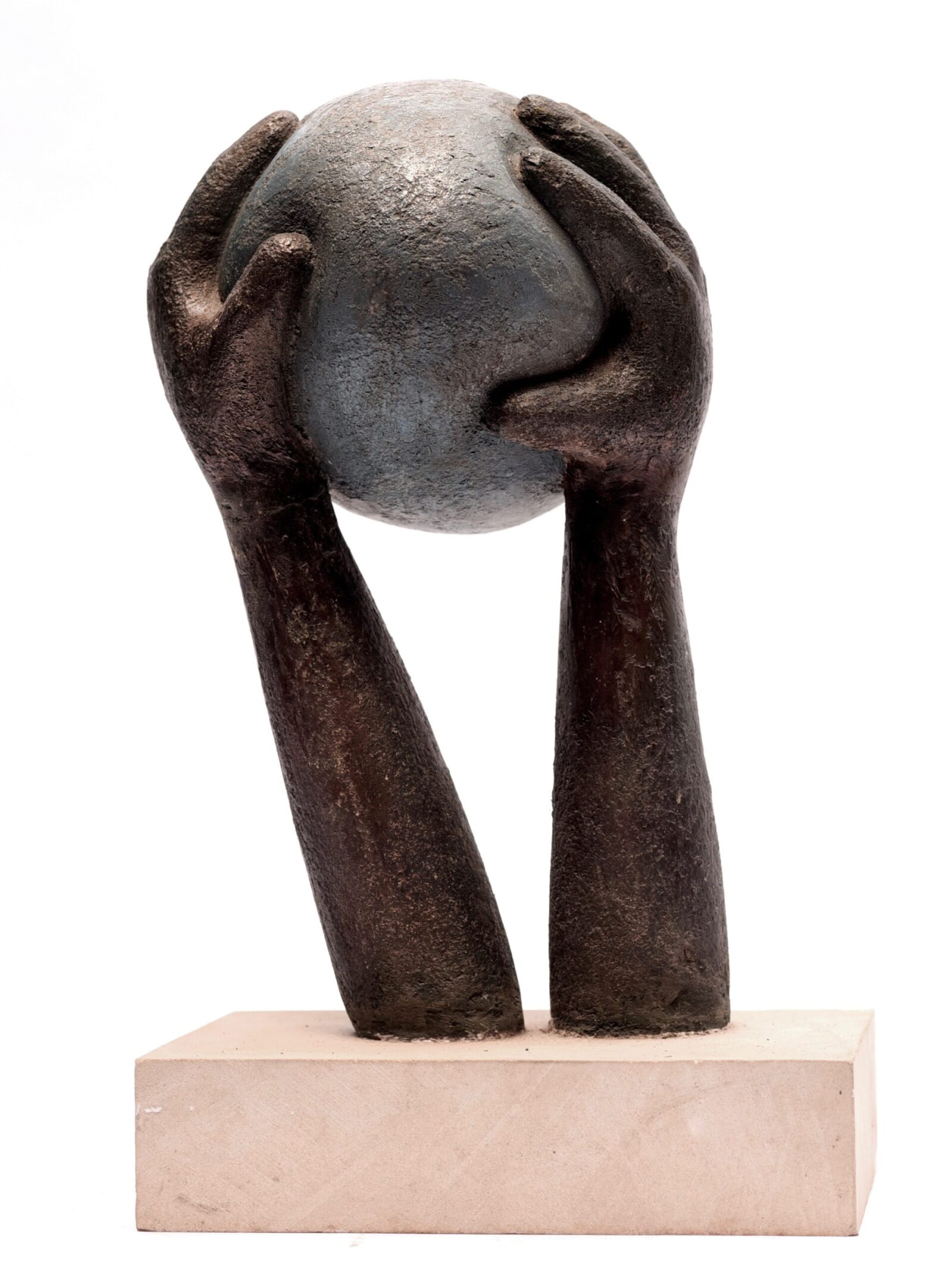 contemporary sculpture of a head held up on its hands