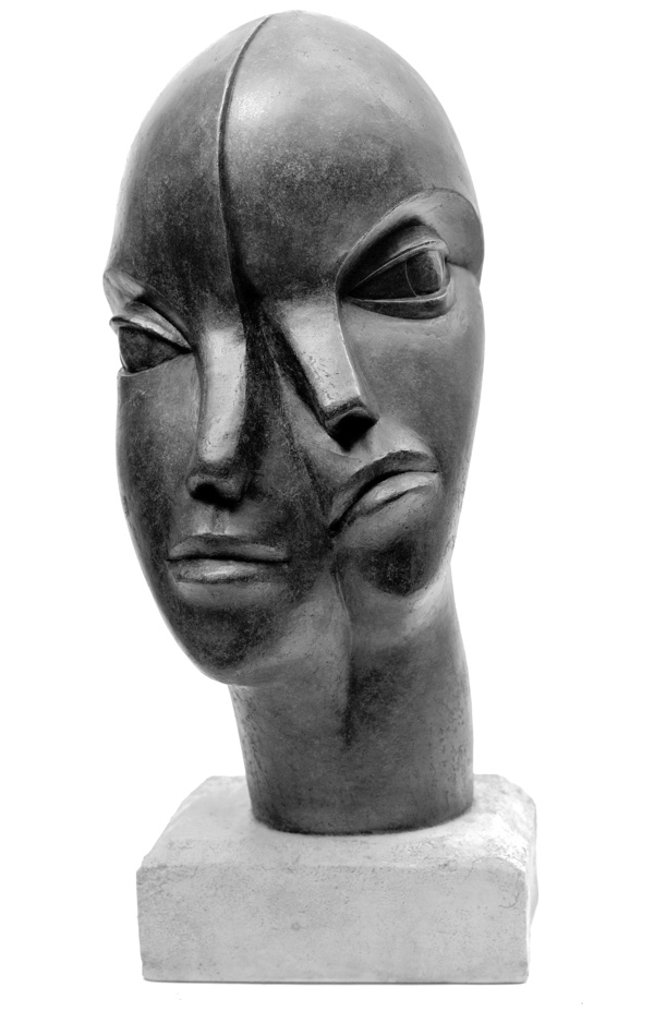 Imaginative and unique bronze garden sculpture of a double head inspired by Picasso with two noses and mouths