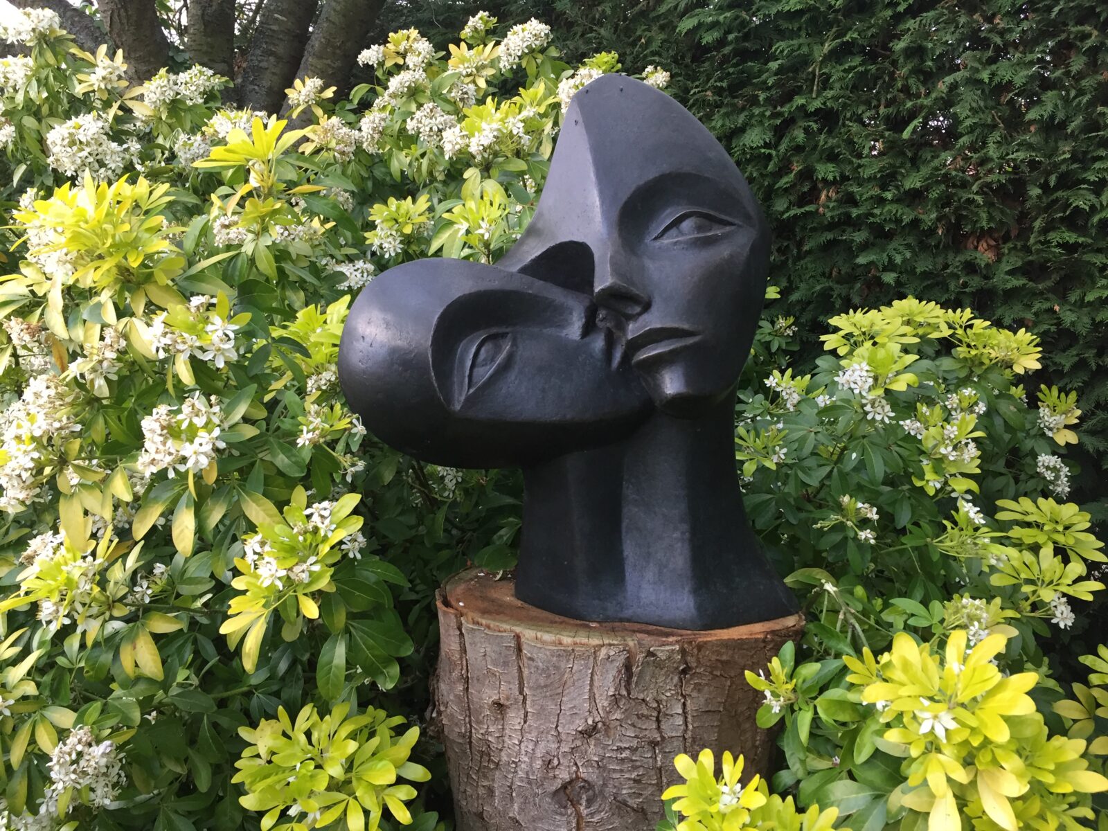 Unique contemporary bronze sculpture of two interlocking heads beside a Choisya bush in the sculptors garden