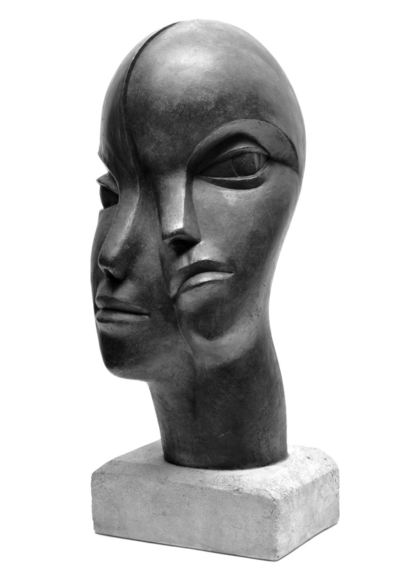 Imaginative and unique bronze garden sculpture of a double head inspired by Picasso with two noses and mouths